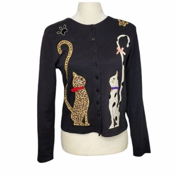 VINTAGE Y2K cardigan black button up cat appliqué top‎ S petite - Picture 1 of 6